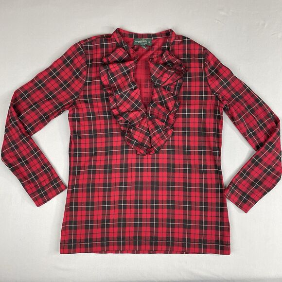 Lauren Jeans Co. Ralph Lauren Long Sleeve Blouse Women's PM Red Plaid Ruffle - Picture 3 of 16
